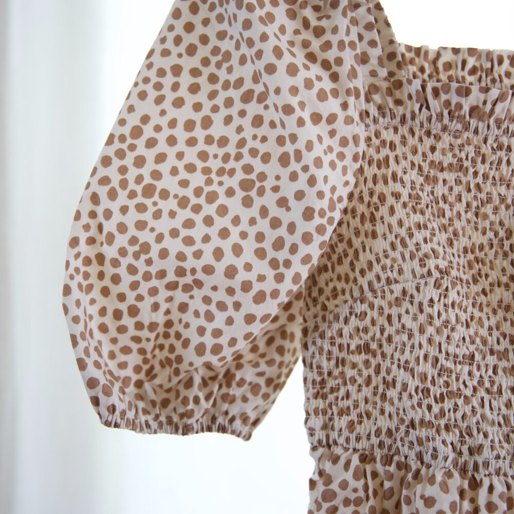 The Drop x Fashion Jackson Praline Dot Smocked Puff Sleeve Midi Dress NWT